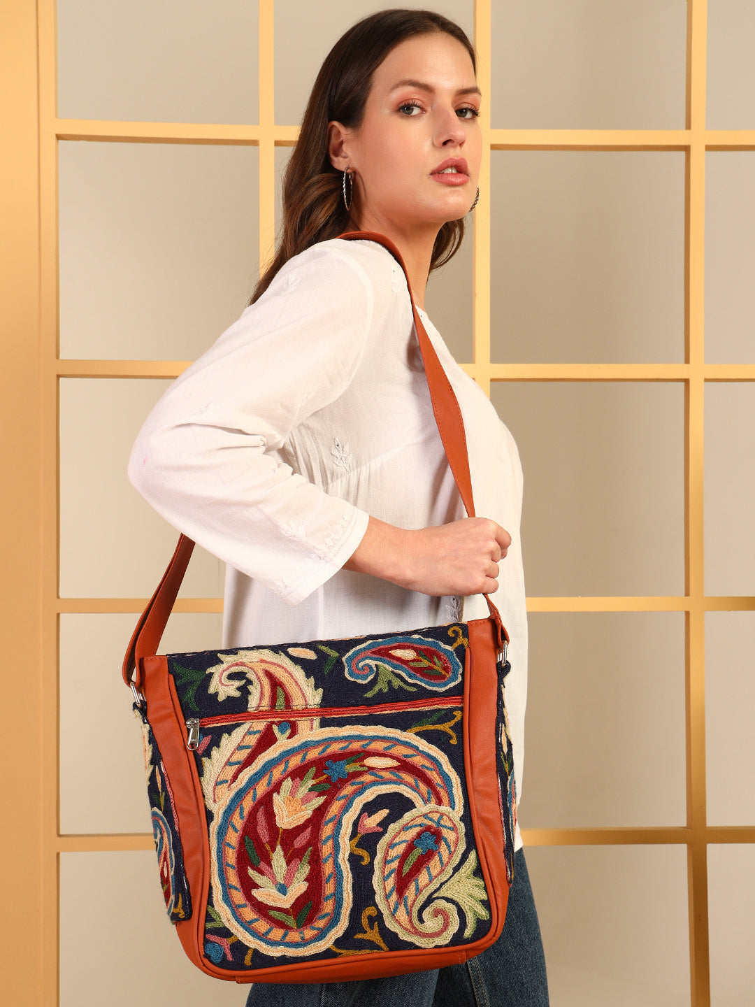 Gulmarg Series: Tan Brown Faux Leather Tote bag With Hand Aari Work