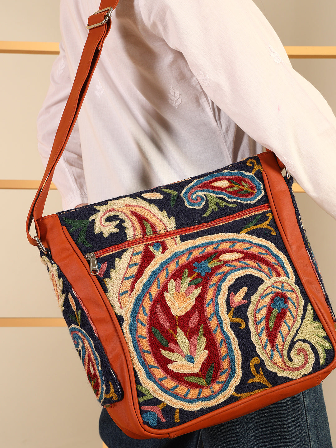 Gulmarg Series: Tan Brown Faux Leather Tote bag With Hand Aari Work