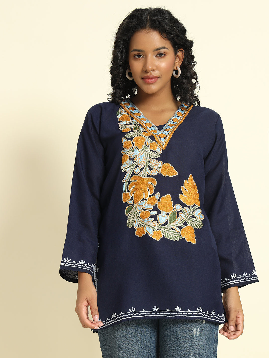 Navy Blue Cotton Kurti with Mustard and Sky Blue Embroidery – THE DAL SERIES