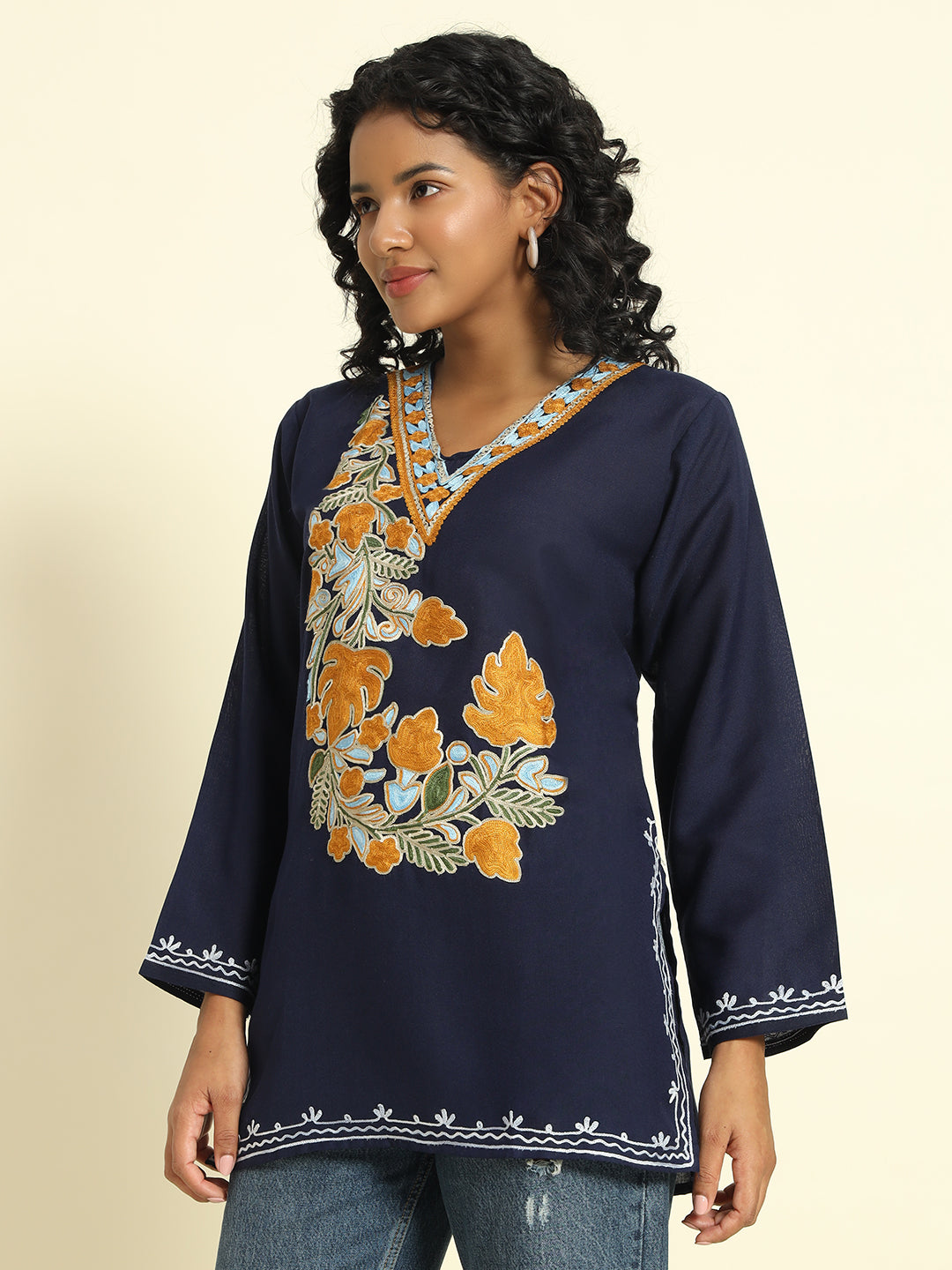 Navy Blue Cotton Kurti with Mustard and Sky Blue Embroidery – THE DAL SERIES