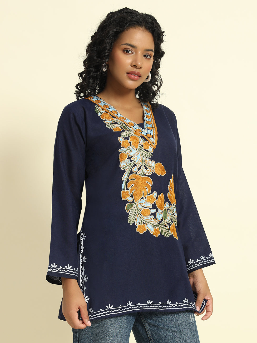 Navy Blue Cotton Kurti with Mustard and Sky Blue Embroidery – THE DAL SERIES