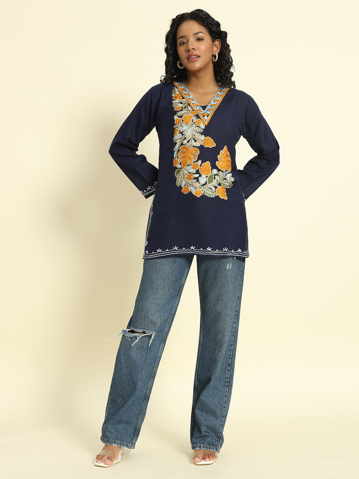 Navy Blue Cotton Kurti with Mustard and Sky Blue Embroidery – THE DAL SERIES