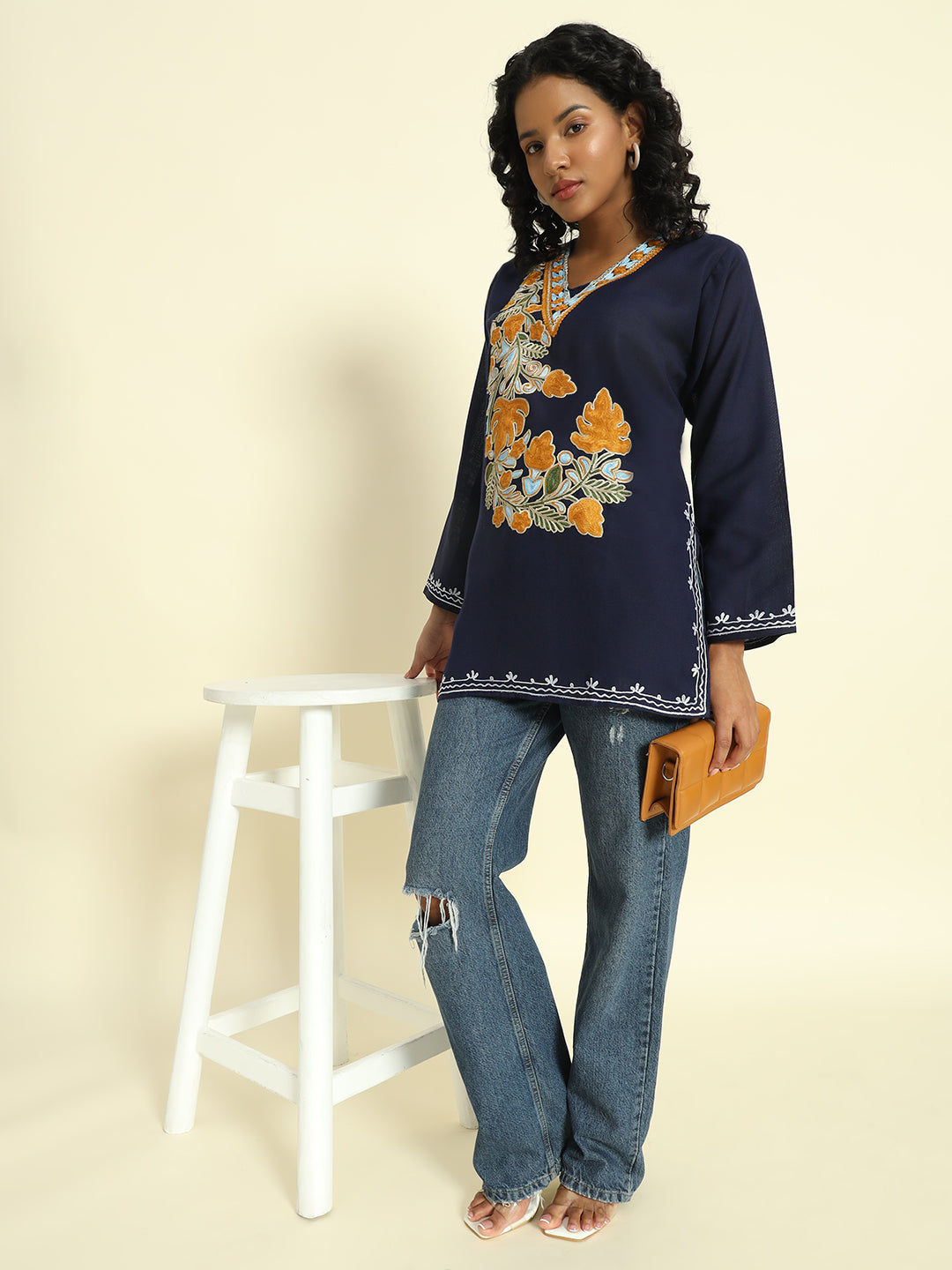 Navy Blue Cotton Kurti with Mustard and Sky Blue Embroidery – THE DAL SERIES