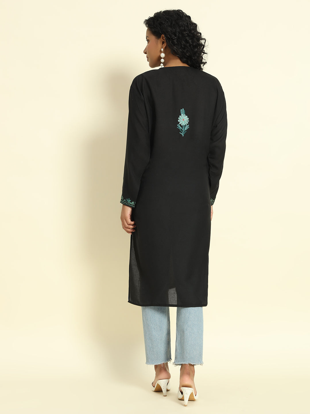 Black Cotton Kurti with Mint Green Floral Embroidery – THE DAL SERIES