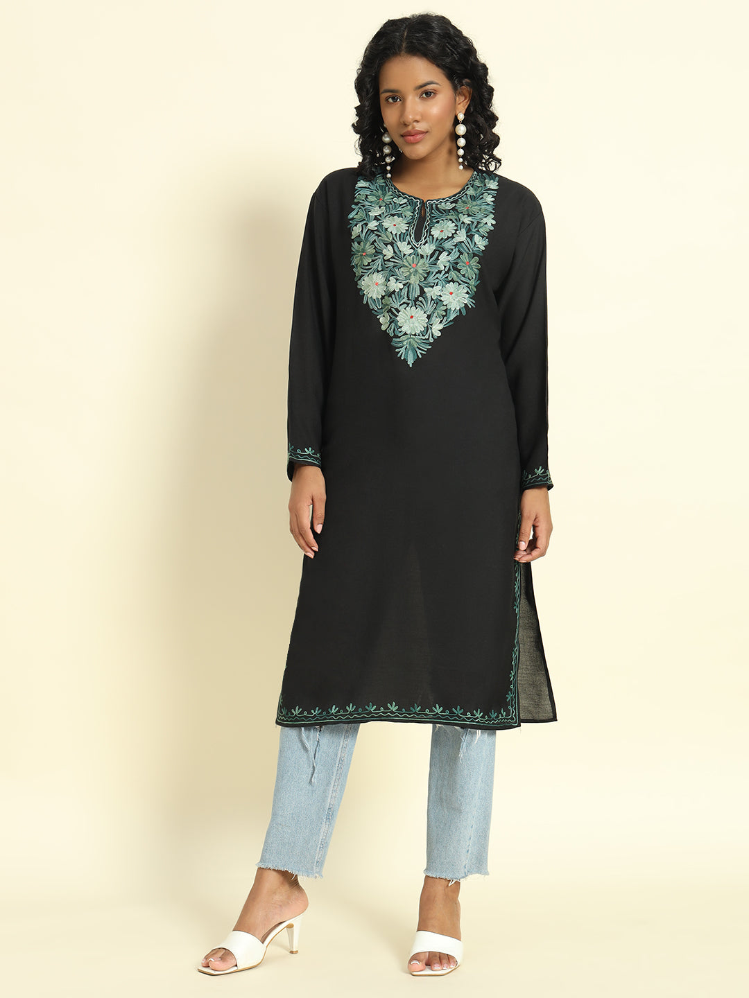 Black Cotton Kurti with Mint Green Floral Embroidery – THE DAL SERIES