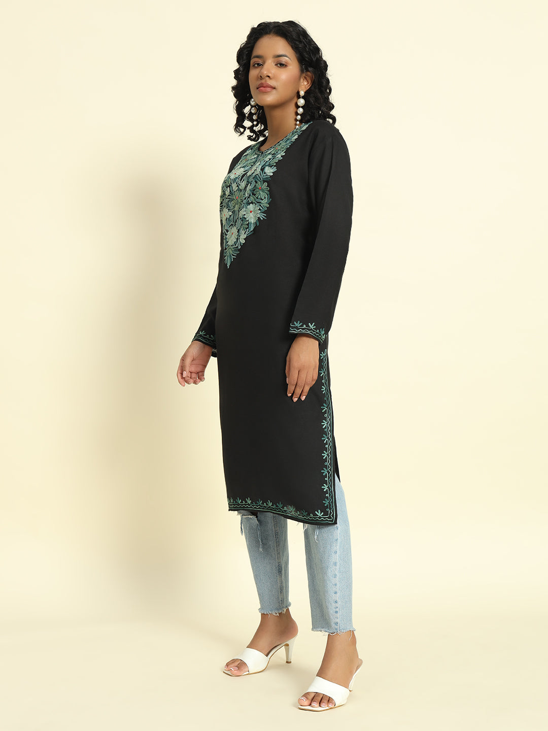 Black Cotton Kurti with Mint Green Floral Embroidery – THE DAL SERIES