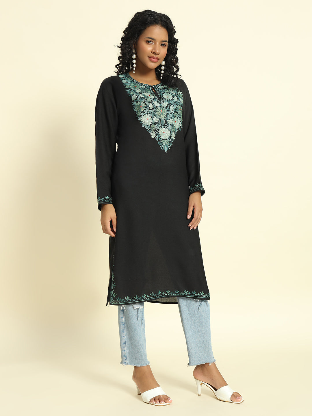 Black Cotton Kurti with Mint Green Floral Embroidery – THE DAL SERIES