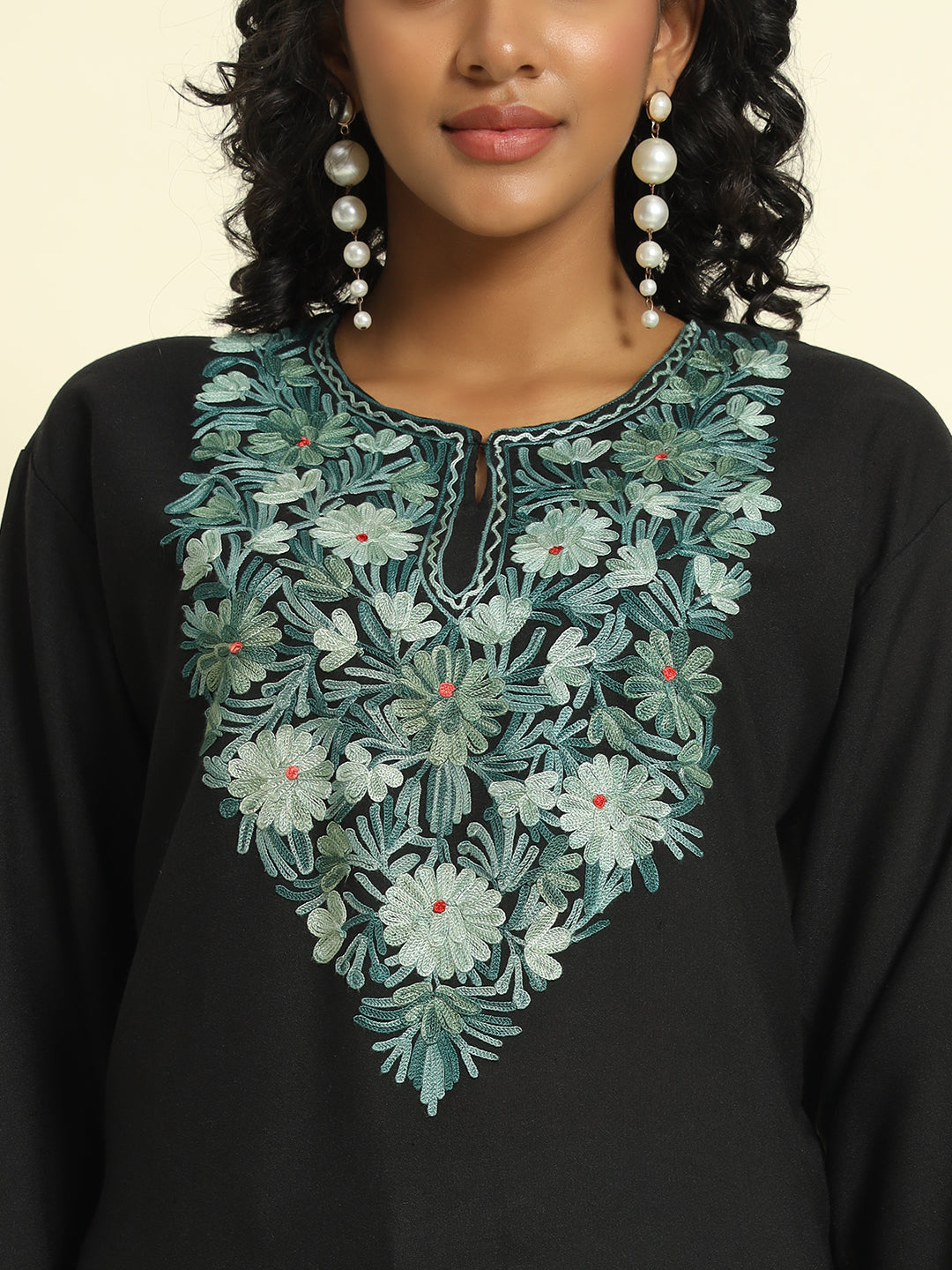 Black Cotton Kurti with Mint Green Floral Embroidery – THE DAL SERIES