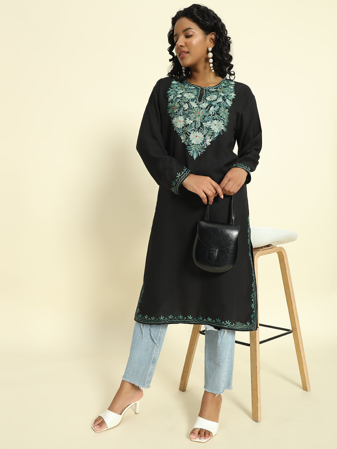 Black Cotton Kurti with Mint Green Floral Embroidery – THE DAL SERIES