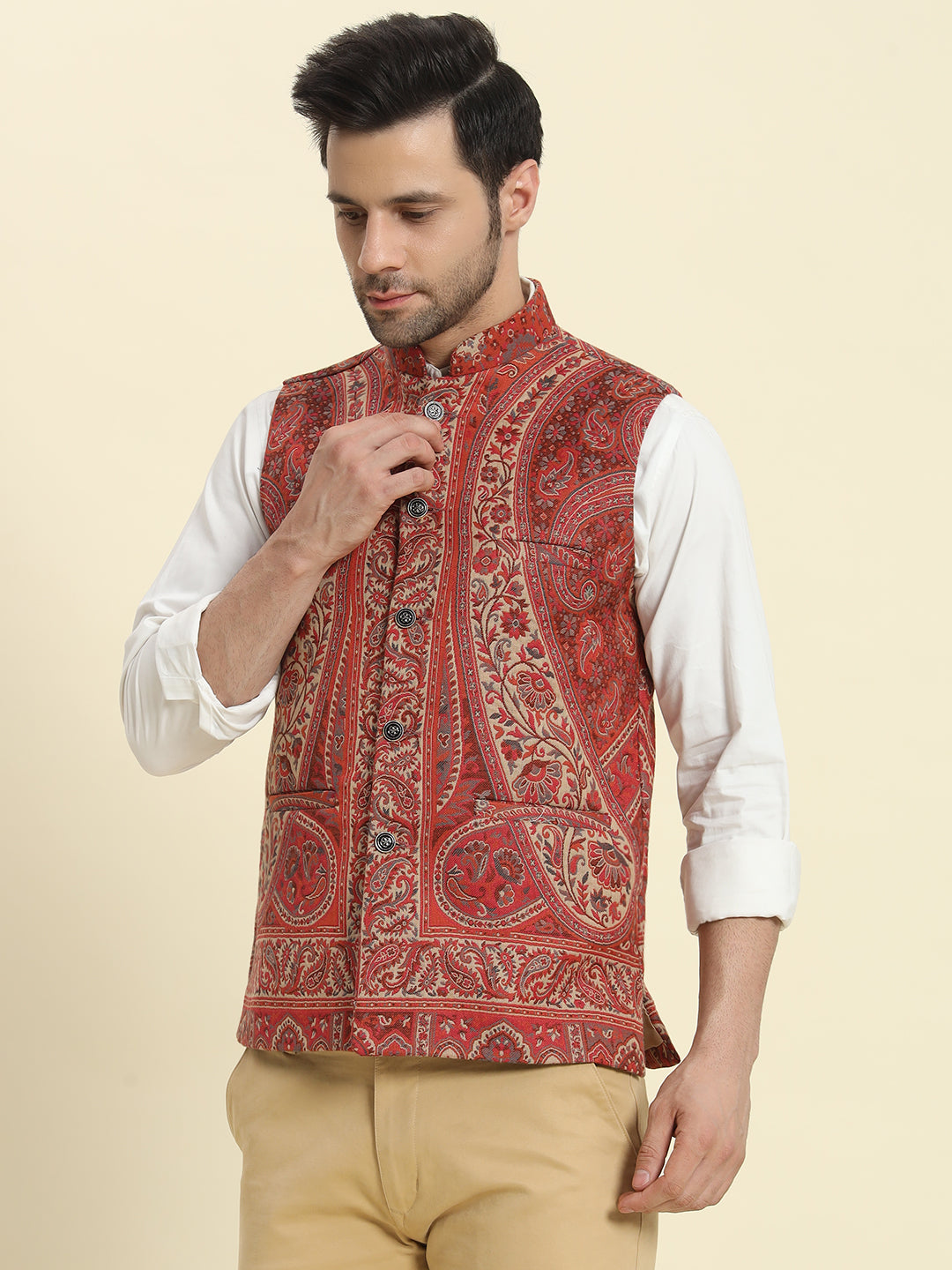 Multicoloured Woven Kaani Jacquard Waistcoat