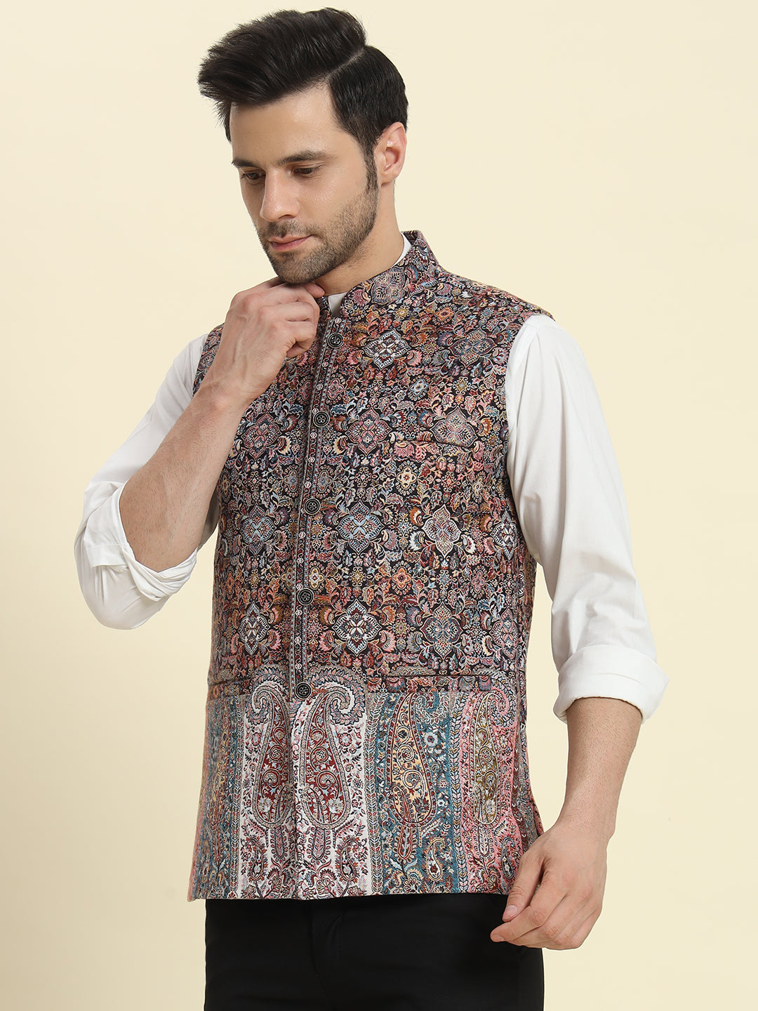 Saint Red Woven Kaani Jacquard Waistcoat