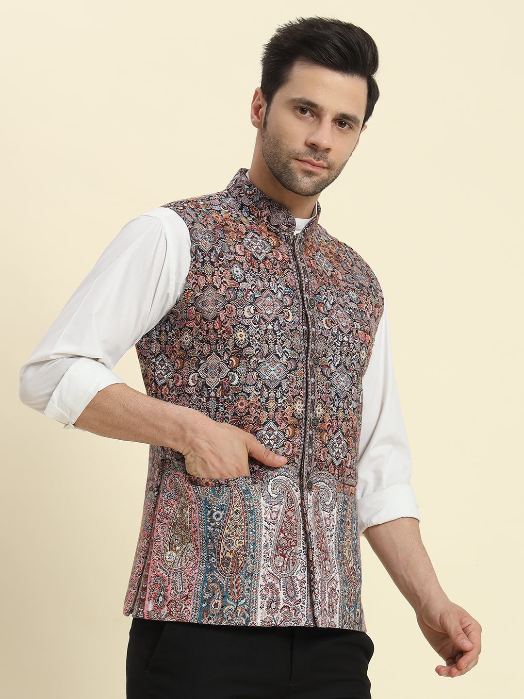 Saint Red Woven Kaani Jacquard Waistcoat