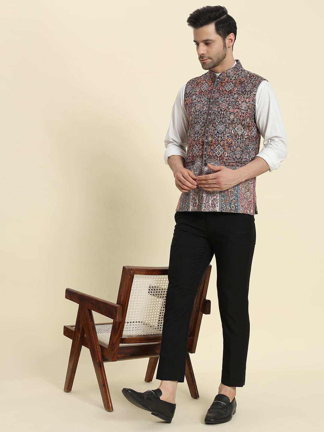 Saint Red Woven Kaani Jacquard Waistcoat