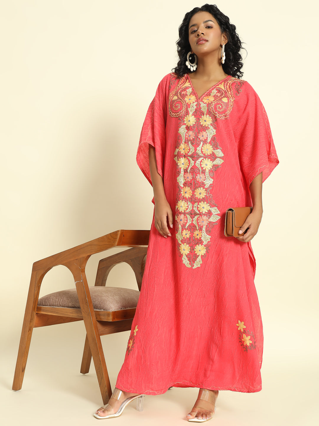 Coral Pink Cotton Kaftan with Yellow and Peach Embroidery – THE DAL SERIES