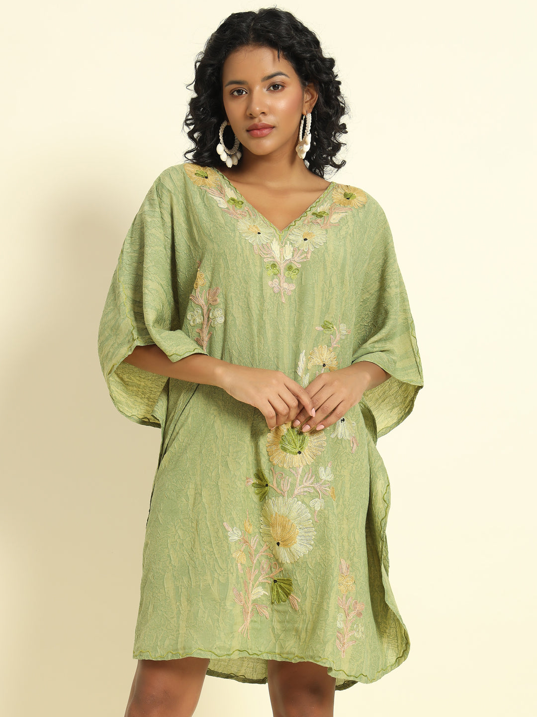 Pastel Green Cotton Kaftan with Floral Embroidery – THE DAL SERIES