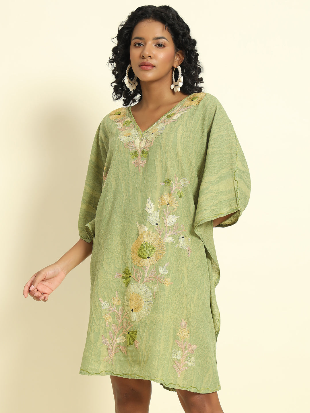 Pastel Green Cotton Kaftan with Floral Embroidery – THE DAL SERIES