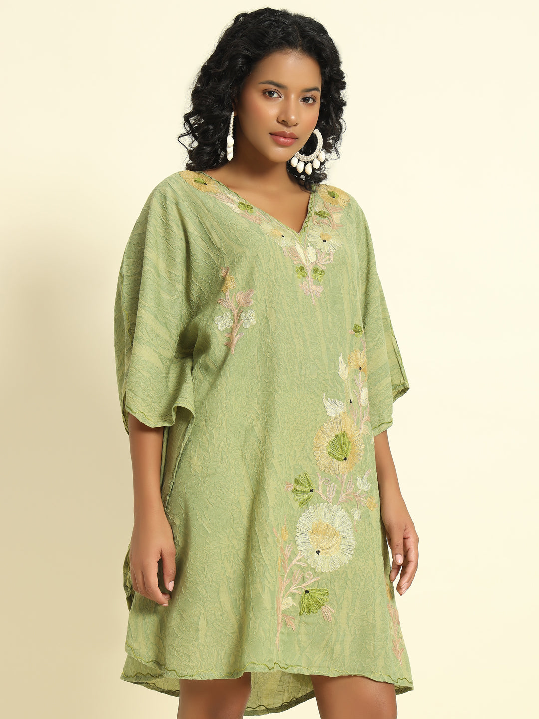 Pastel Green Cotton Kaftan with Floral Embroidery – THE DAL SERIES