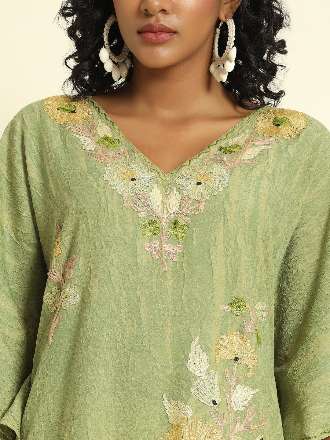 Pastel Green Cotton Kaftan with Floral Embroidery – THE DAL SERIES