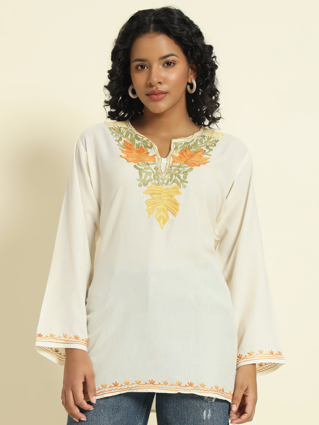 Ivory Cotton Kurti with Yellow and Orange Embroidery – THE DAL SERIES