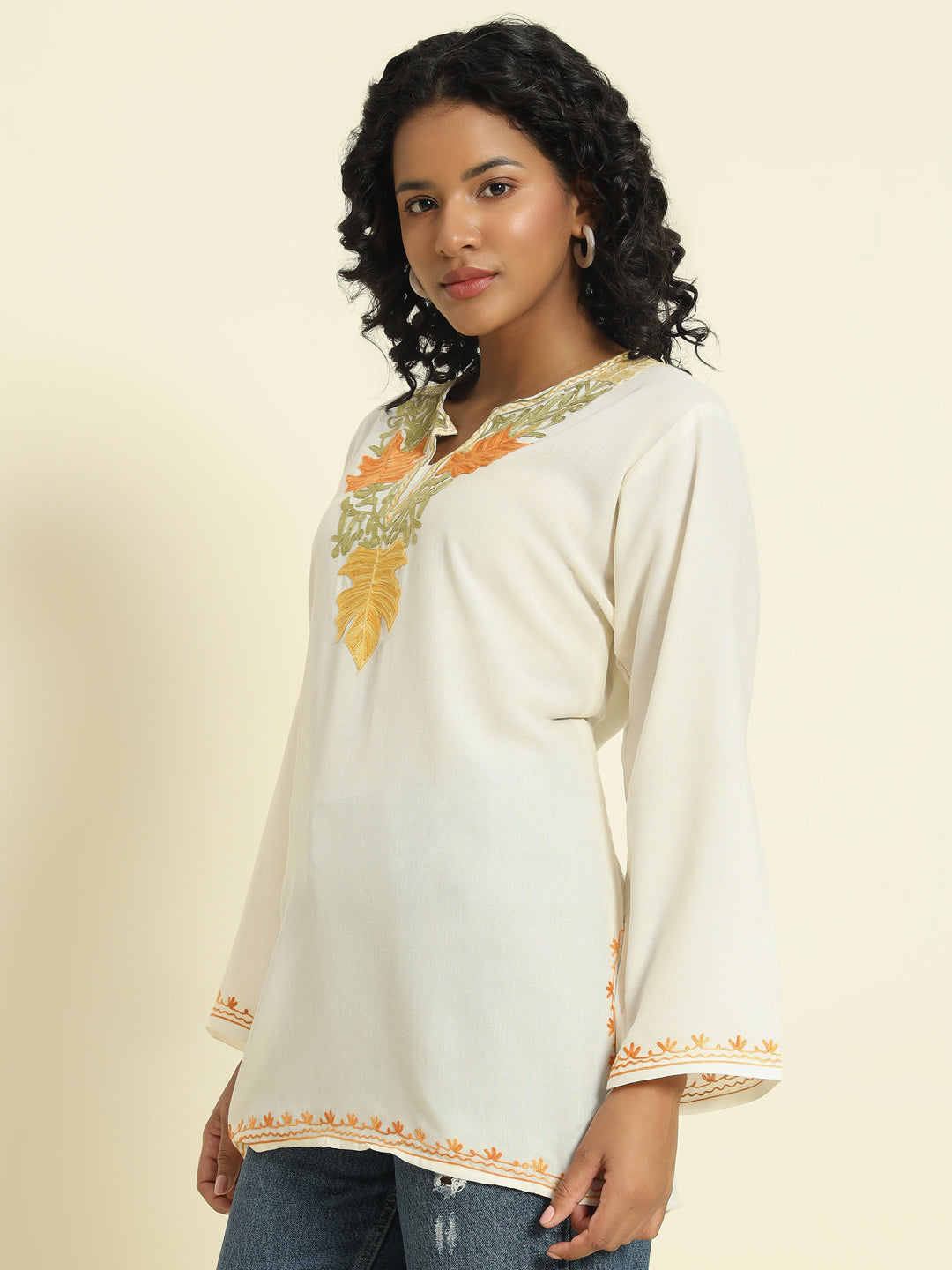 Ivory Cotton Kurti with Yellow and Orange Embroidery – THE DAL SERIES