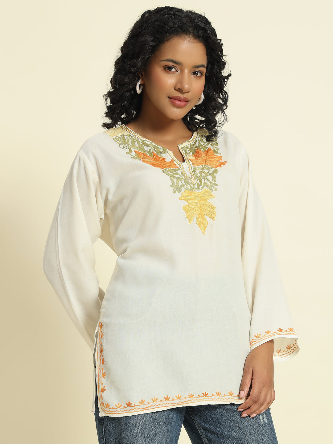 Ivory Cotton Kurti with Yellow and Orange Embroidery – THE DAL SERIES