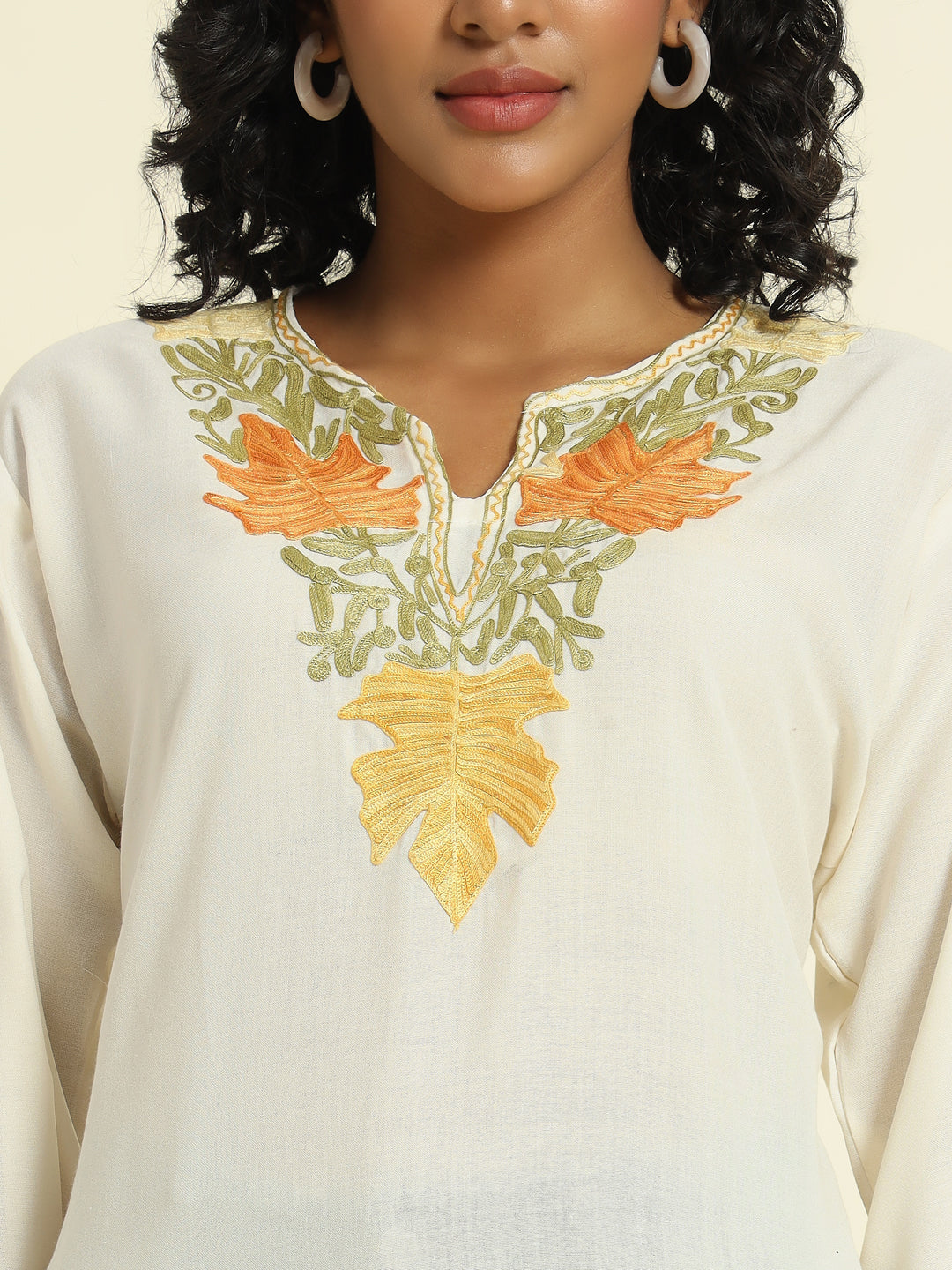 Ivory Cotton Kurti with Yellow and Orange Embroidery – THE DAL SERIES