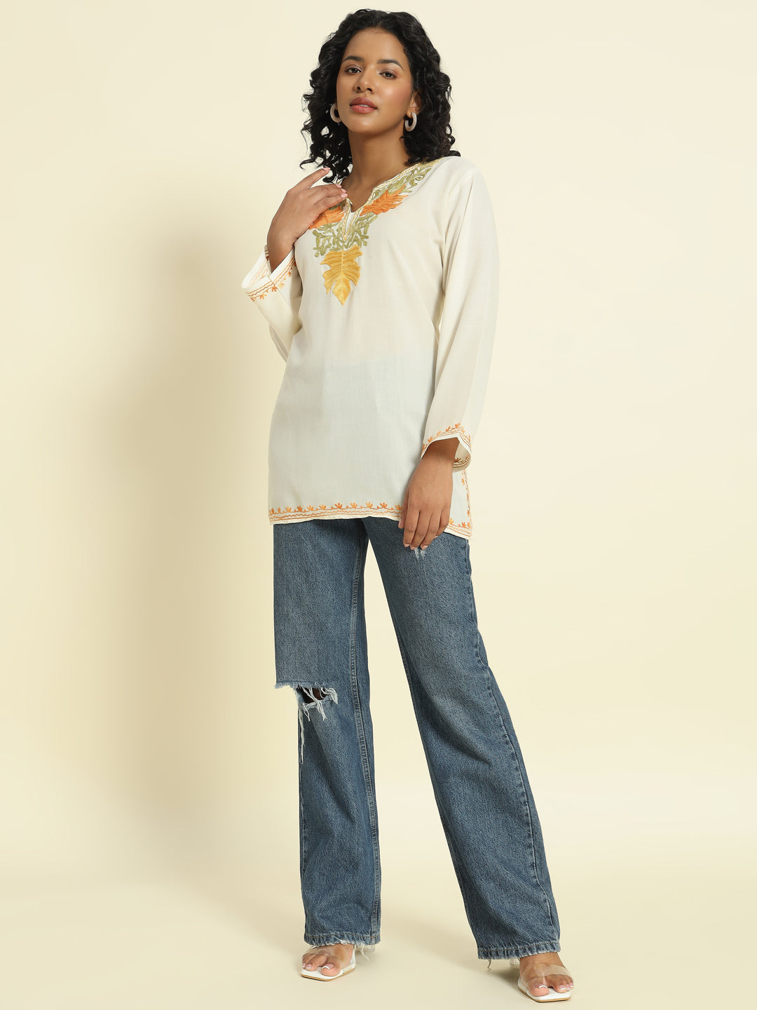 Ivory Cotton Kurti with Yellow and Orange Embroidery – THE DAL SERIES