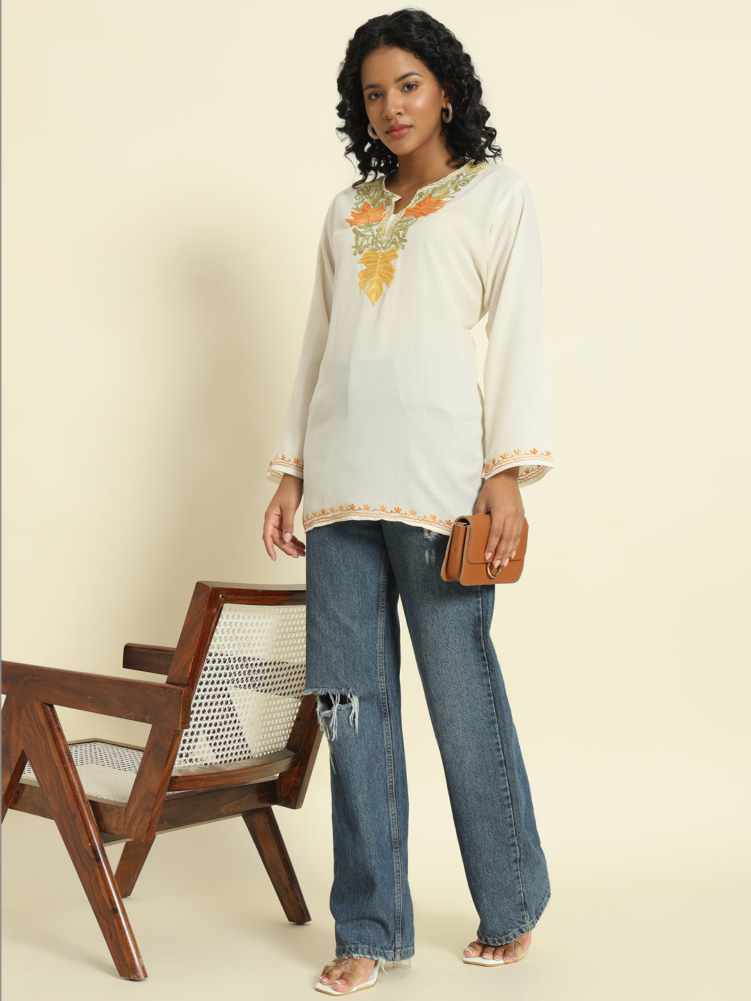 Ivory Cotton Kurti with Yellow and Orange Embroidery – THE DAL SERIES