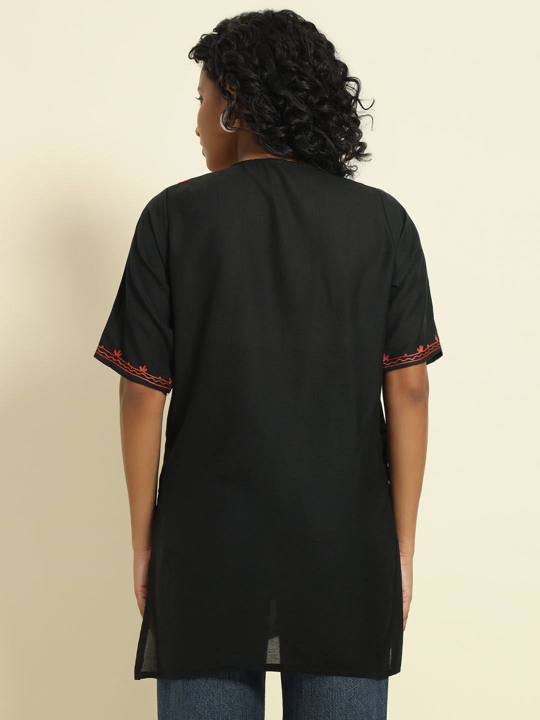 Black Cotton Kurti with Red and Orange Embroidery – THE DAL SERIES