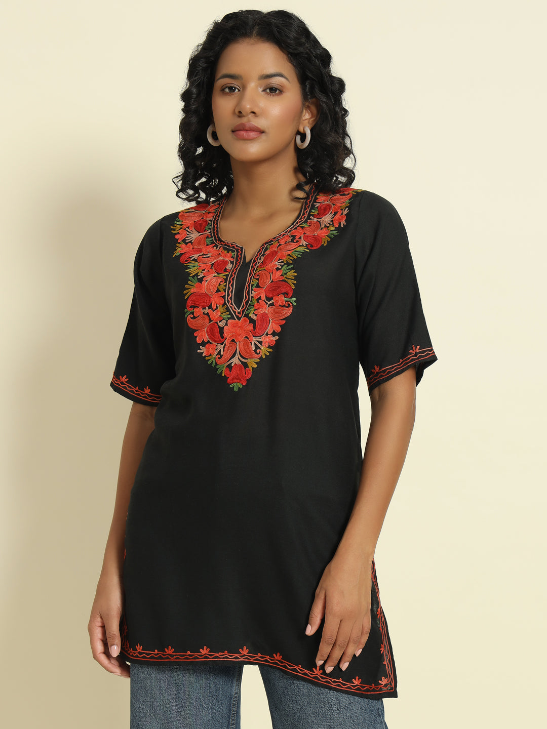 Black Cotton Kurti with Red and Orange Embroidery – THE DAL SERIES
