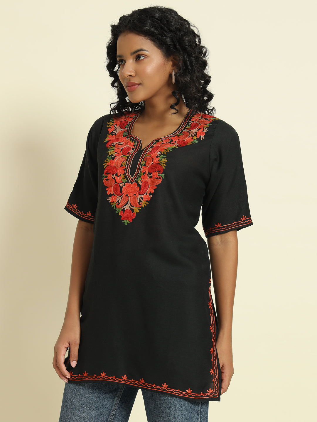 Black Cotton Kurti with Red and Orange Embroidery – THE DAL SERIES