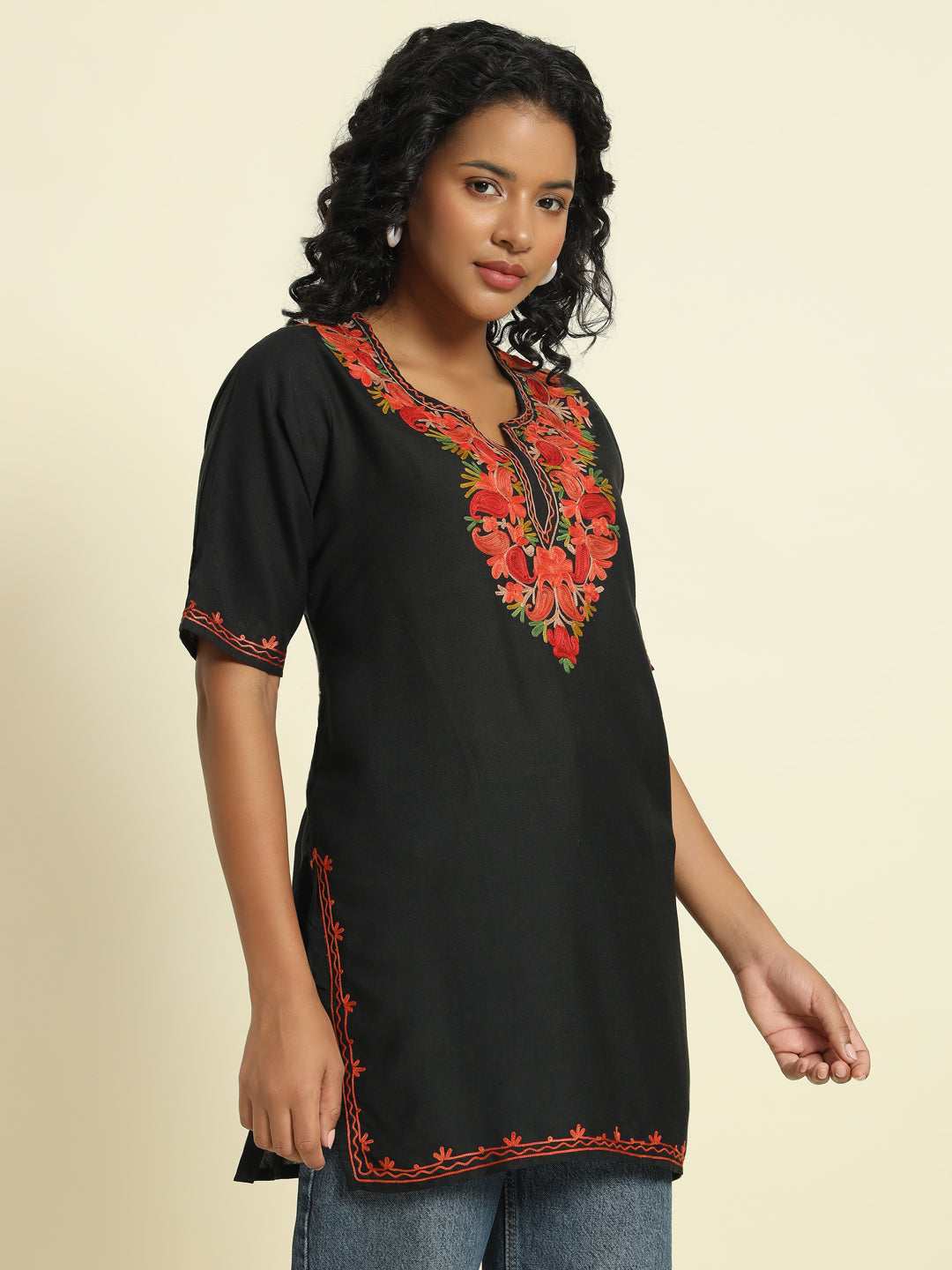 Black Cotton Kurti with Red and Orange Embroidery – THE DAL SERIES