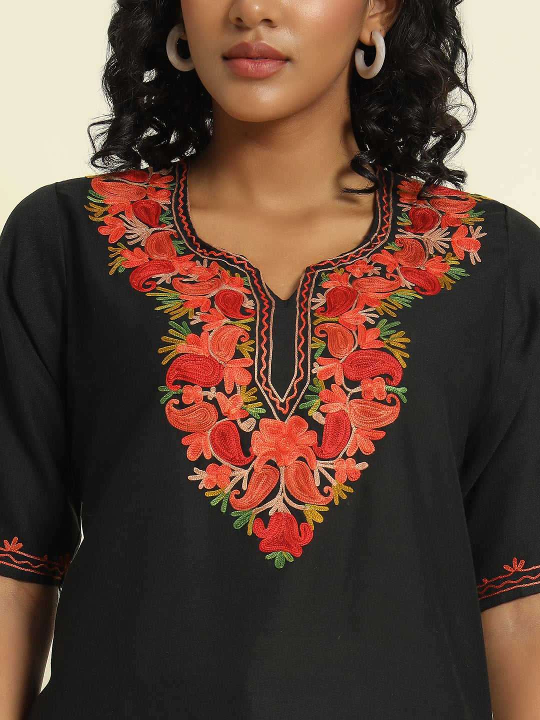 Black Cotton Kurti with Red and Orange Embroidery – THE DAL SERIES