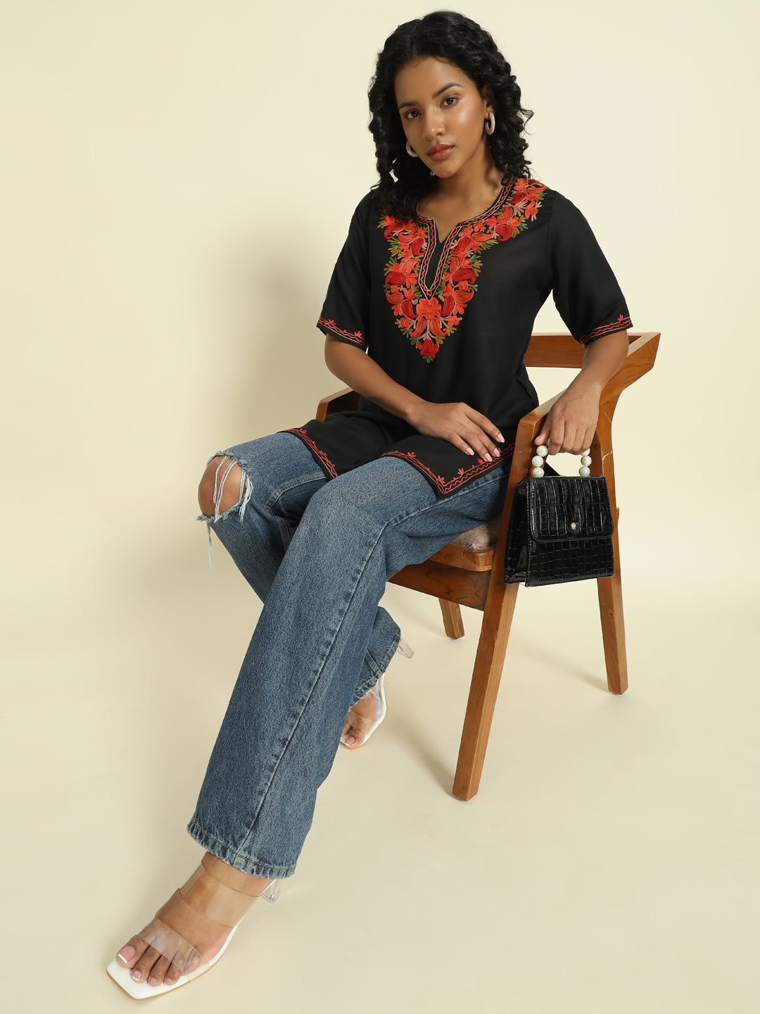 Black Cotton Kurti with Red and Orange Embroidery – THE DAL SERIES