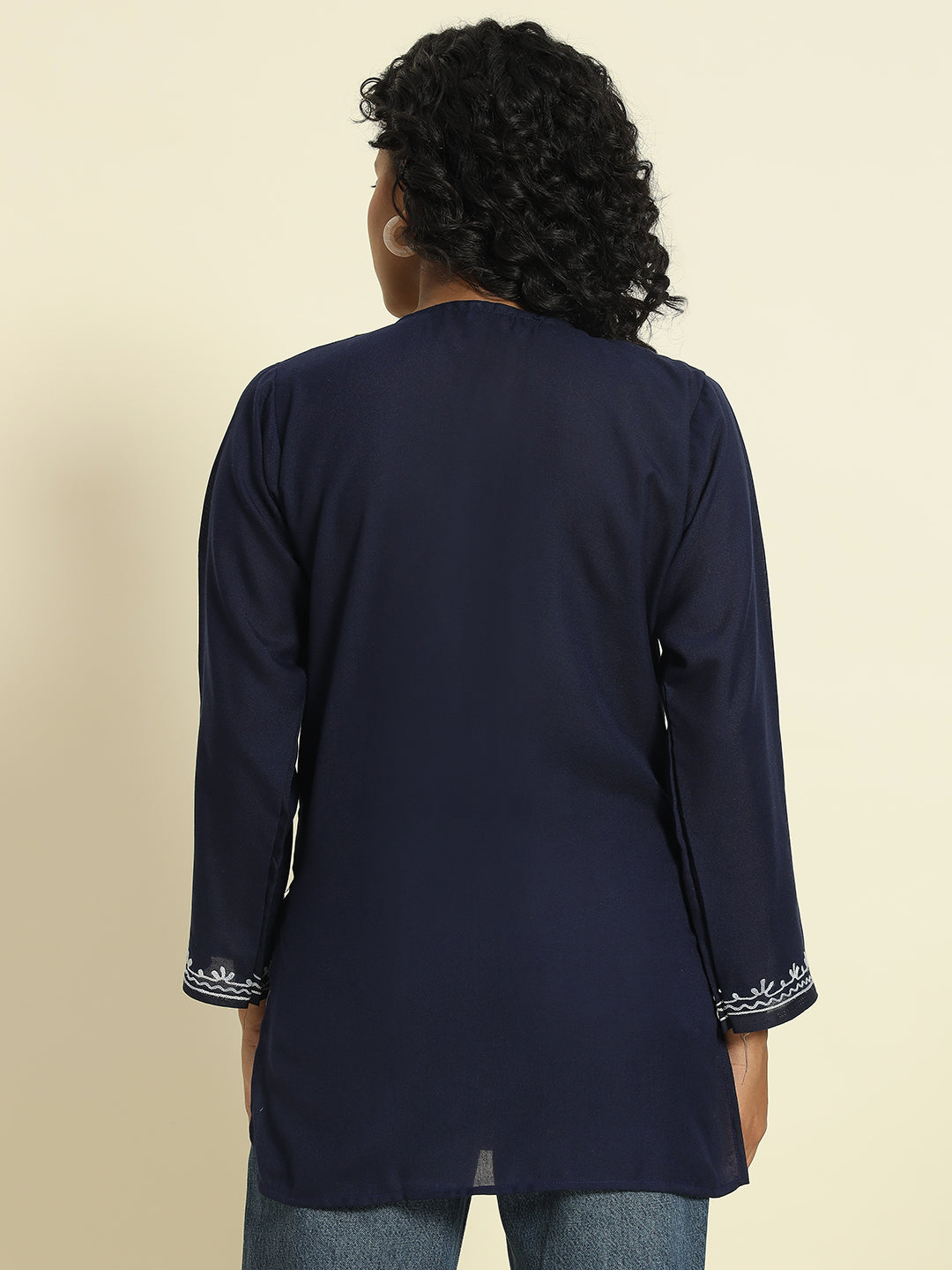 Navy Blue Cotton Kurti with Mustard and Sky Blue Embroidery – THE DAL SERIES