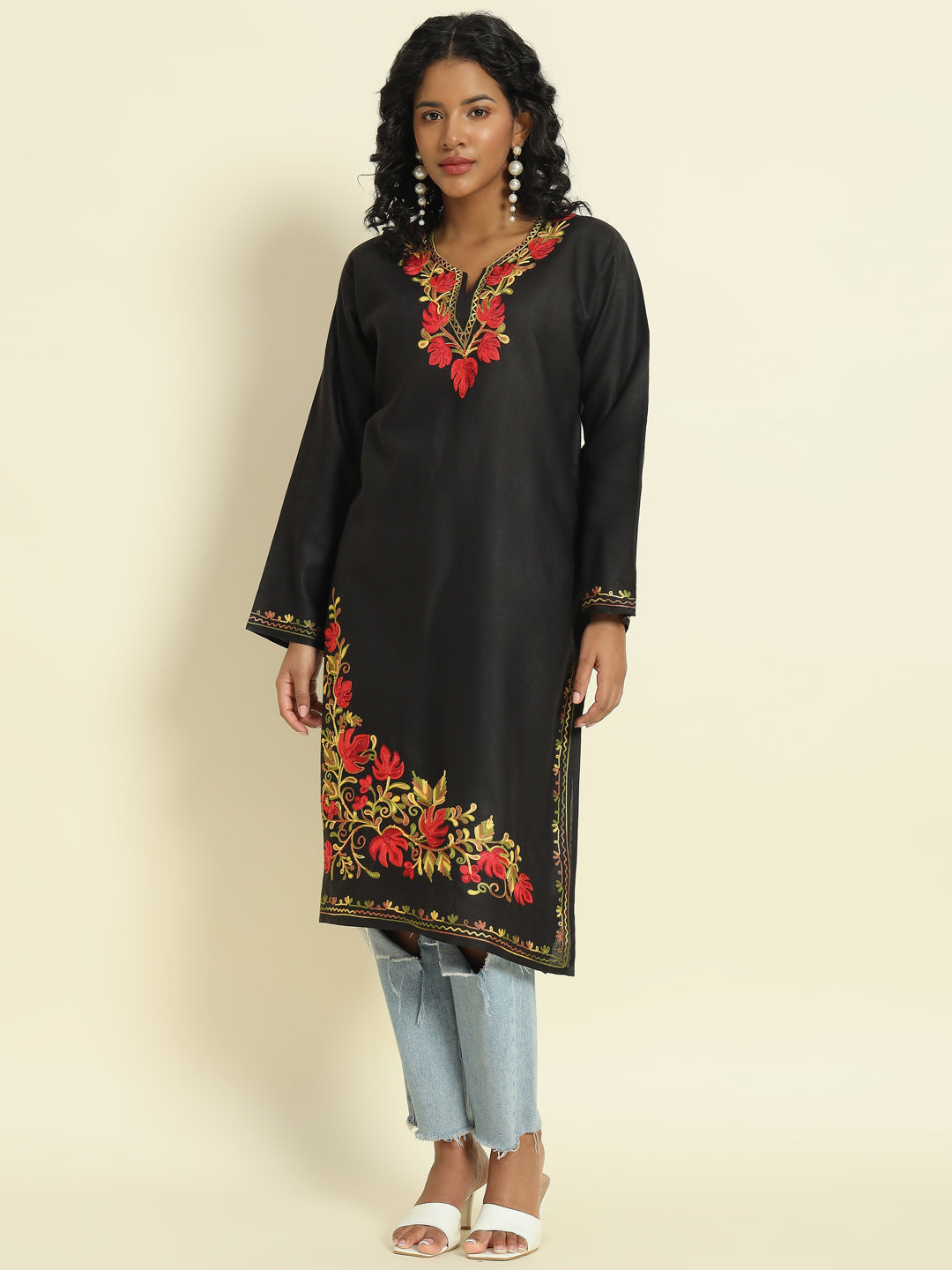 Black Cotton Kurti with Red and Gold Aari Embroidery – THE DAL SERIES
