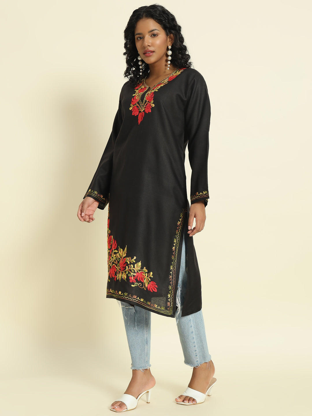 Black Cotton Kurti with Red and Gold Aari Embroidery – THE DAL SERIES