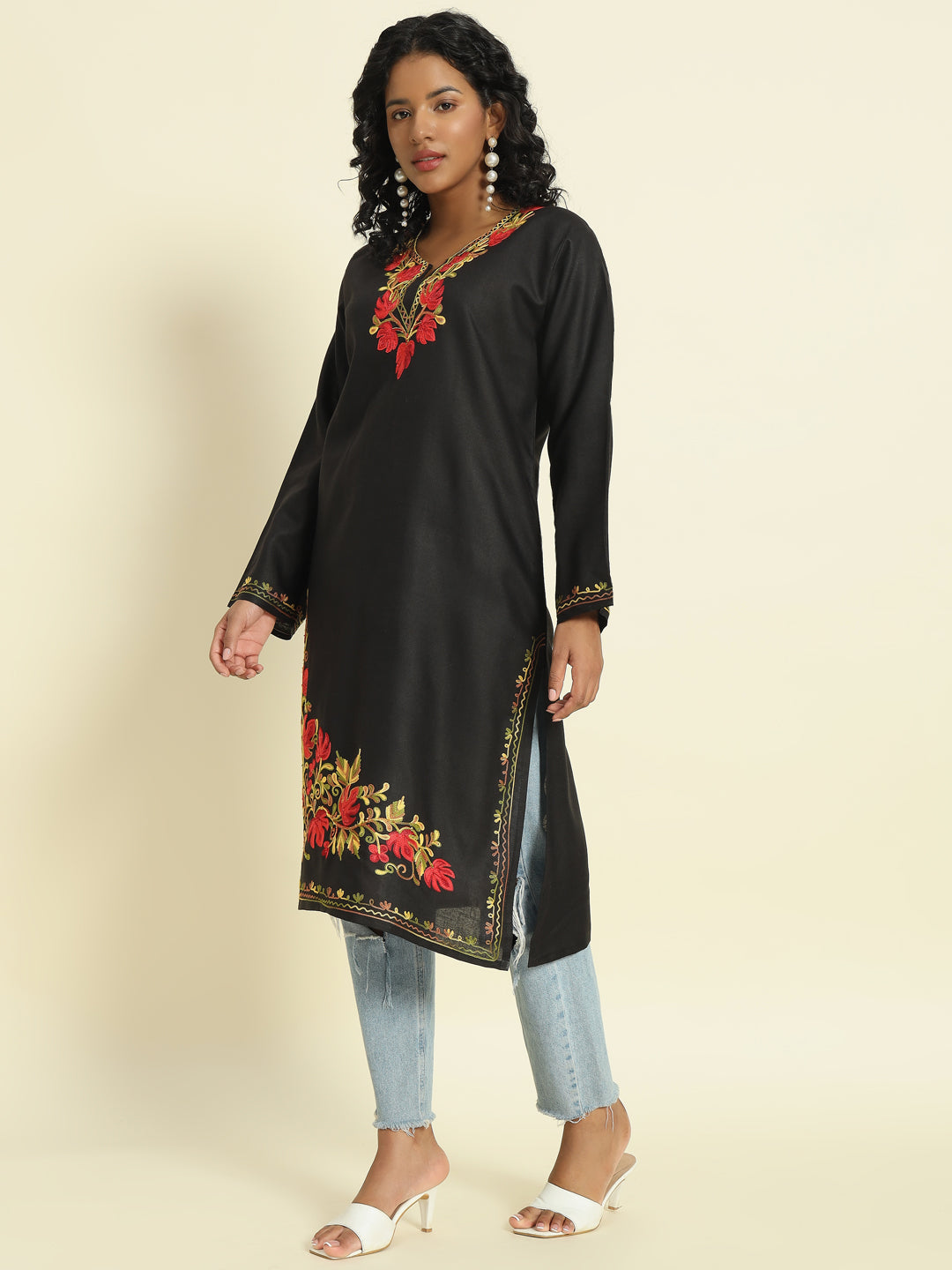 Black Cotton Kurti with Red and Gold Aari Embroidery – THE DAL SERIES