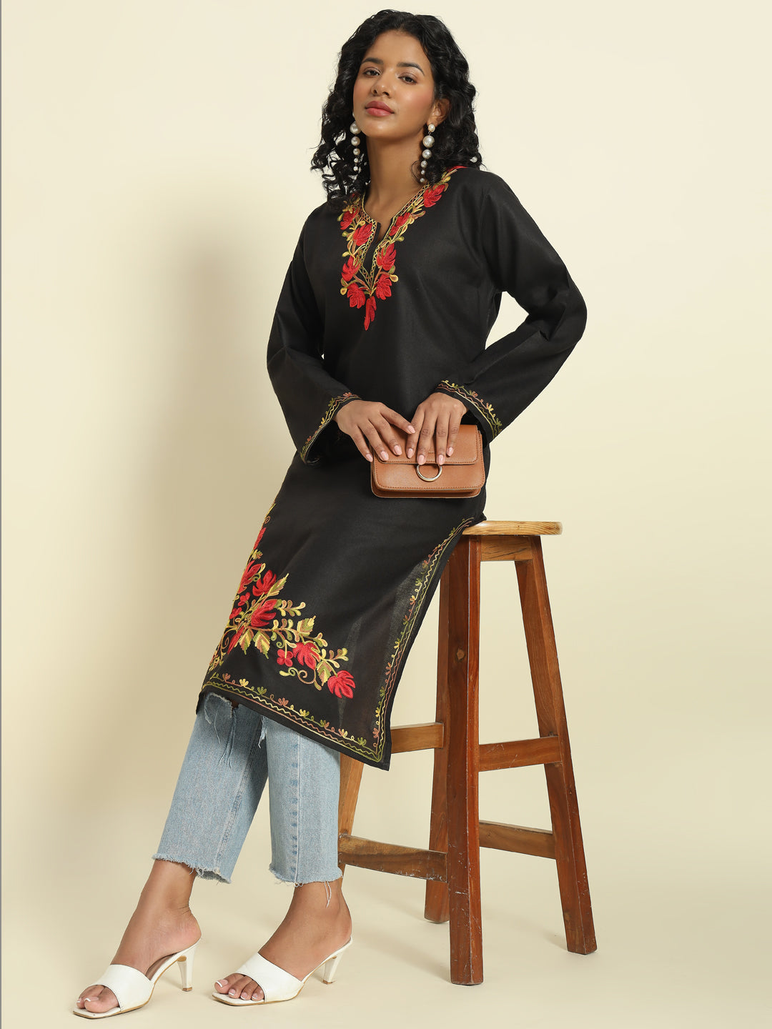 Black Cotton Kurti with Red and Gold Aari Embroidery – THE DAL SERIES