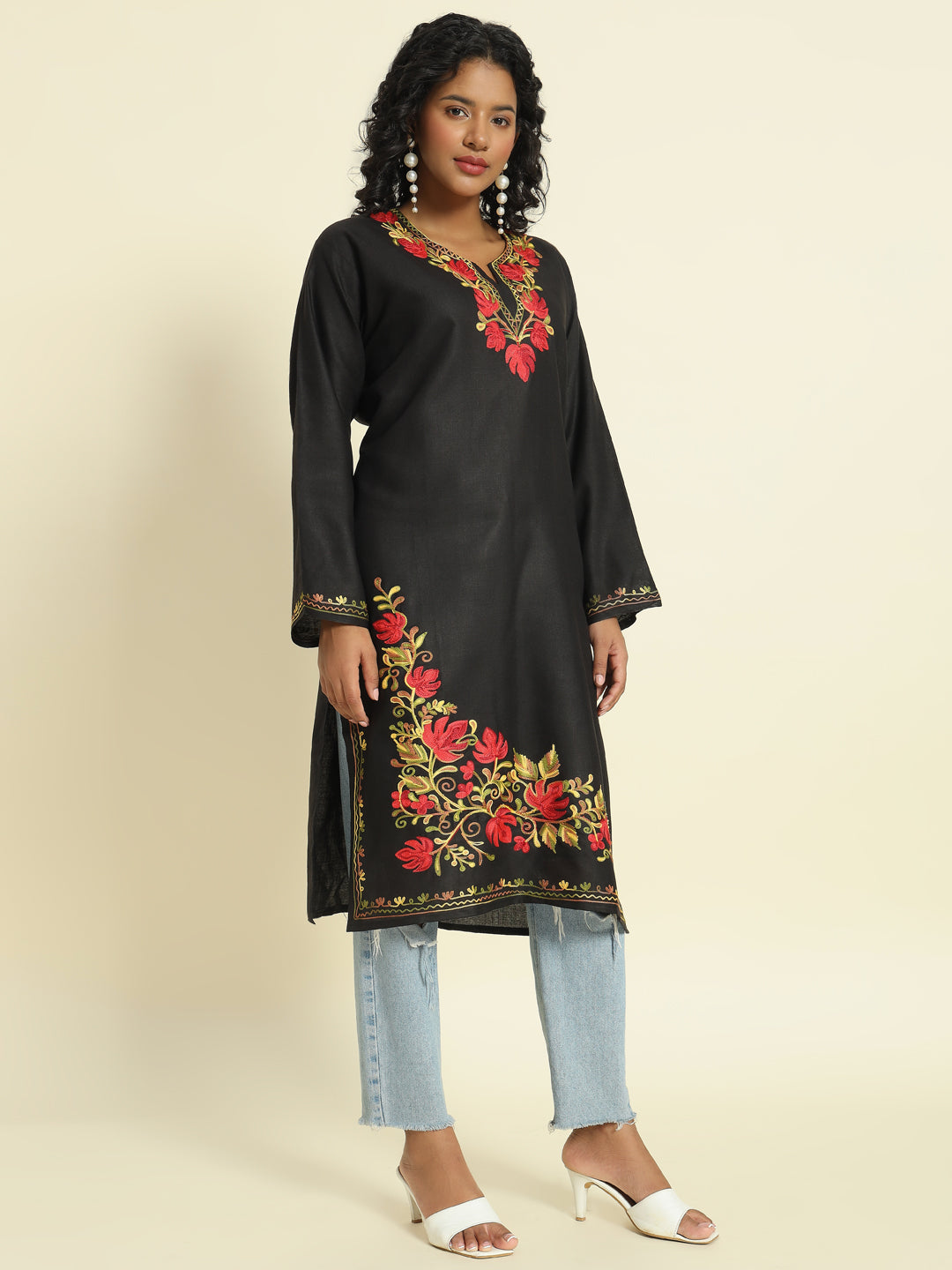 Black Cotton Kurti with Red and Gold Aari Embroidery – THE DAL SERIES