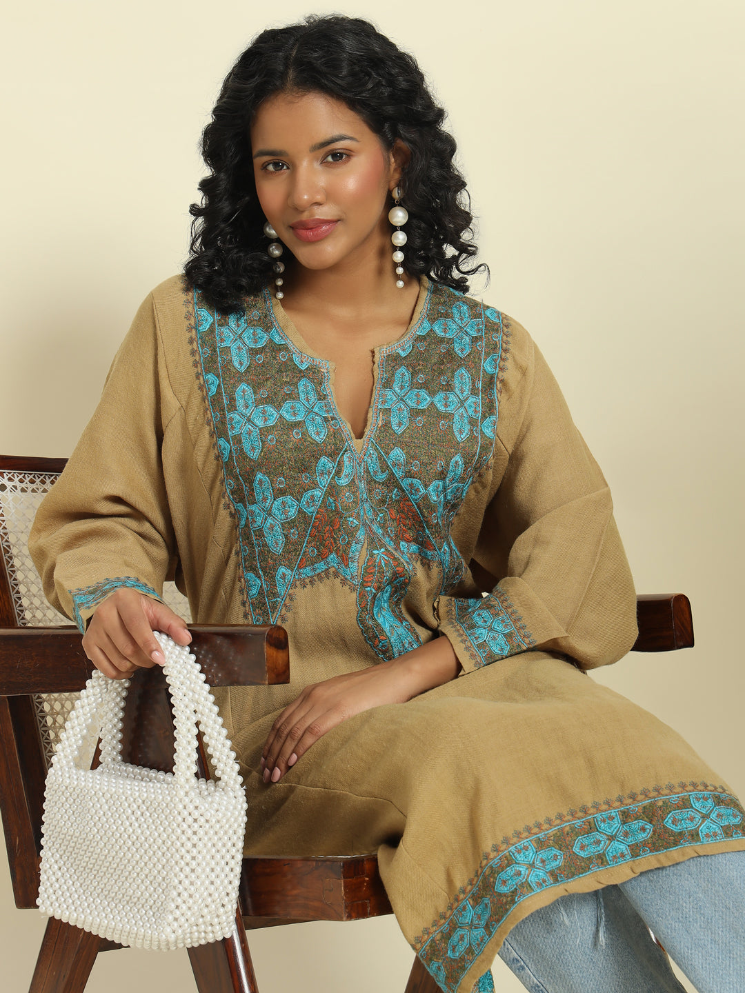 Gulmarg Series: Caramel Brown Woolen Sozni Pheran