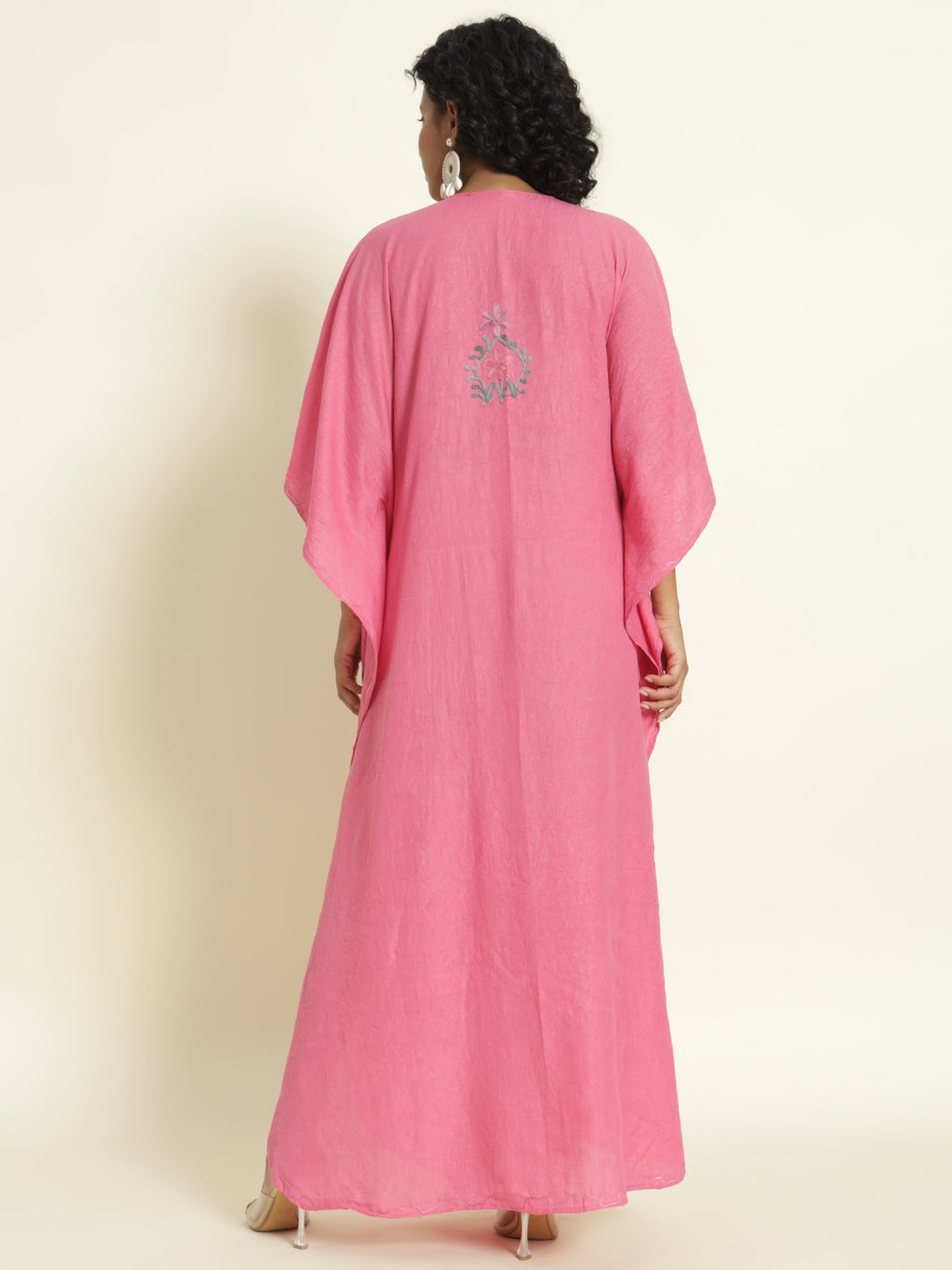 Rose Pink Cotton Kaftan with Lavender and Mint Floral Embroidery – THE DAL SERIES