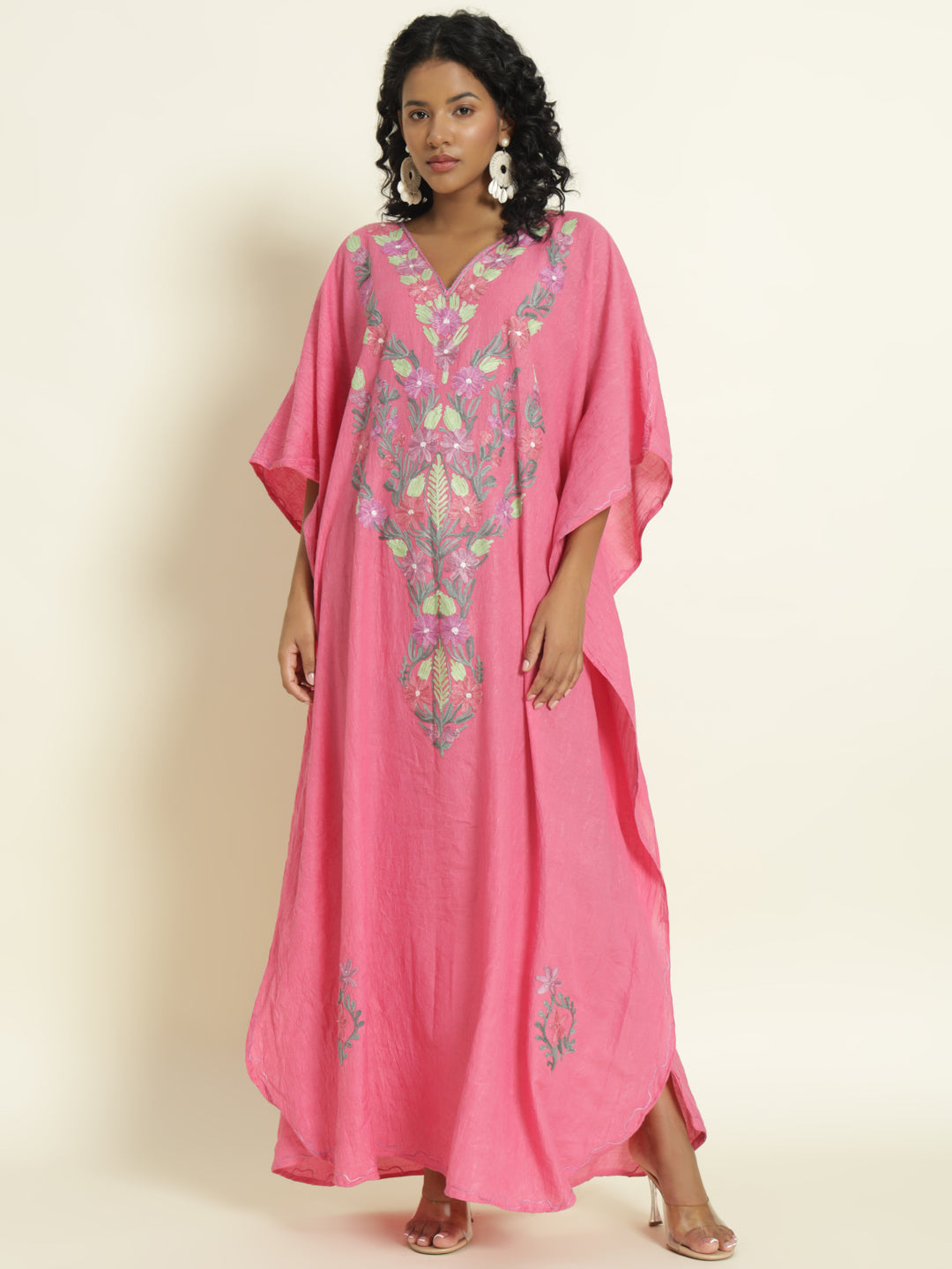 Rose Pink Cotton Kaftan with Lavender and Mint Floral Embroidery – THE DAL SERIES