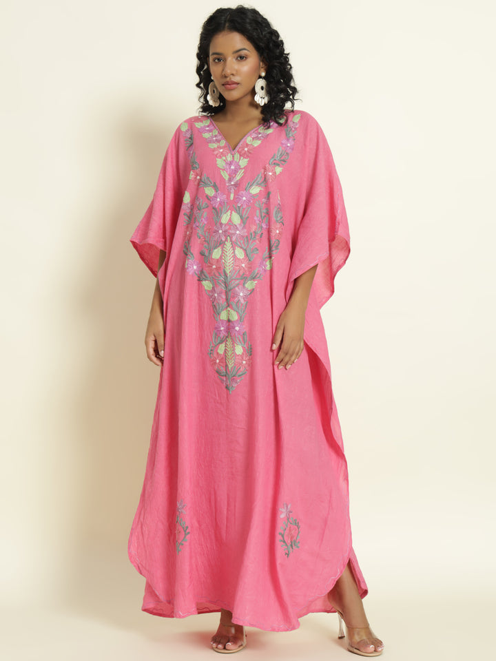 Rose Pink Cotton Kaftan with Lavender and Mint Floral Embroidery – THE DAL SERIES