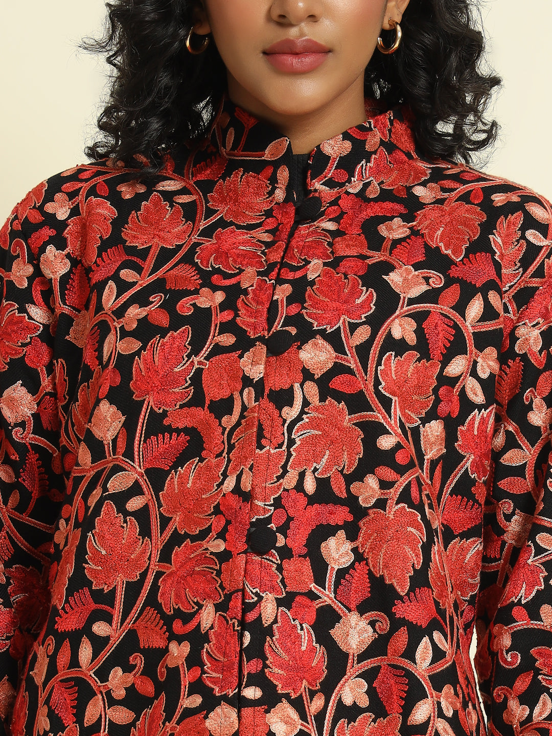 Gulmarg Series: Black Woolen Chinar Mesh Aari Short Coat (Maroon)