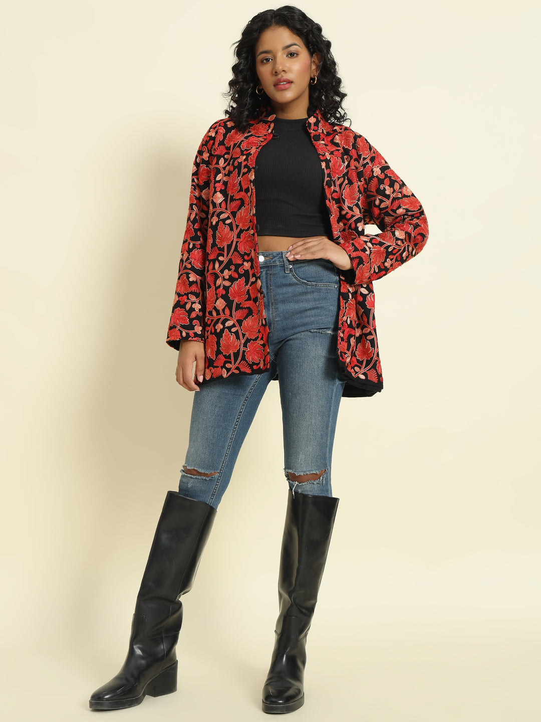 Gulmarg Series: Black Woolen Chinar Mesh Aari Short Coat (Maroon)