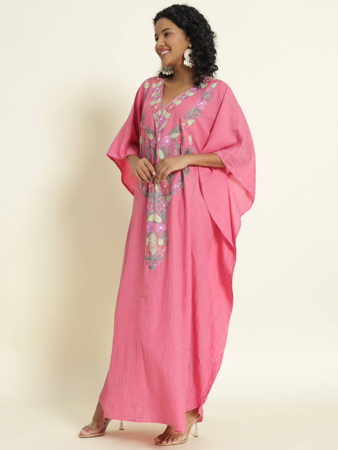 Rose Pink Cotton Kaftan with Lavender and Mint Floral Embroidery – THE DAL SERIES