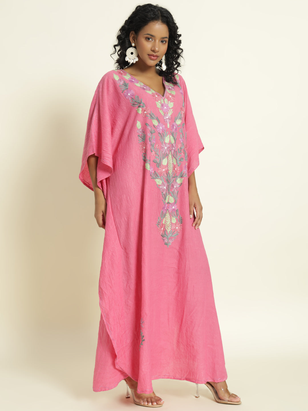 Rose Pink Cotton Kaftan with Lavender and Mint Floral Embroidery – THE DAL SERIES