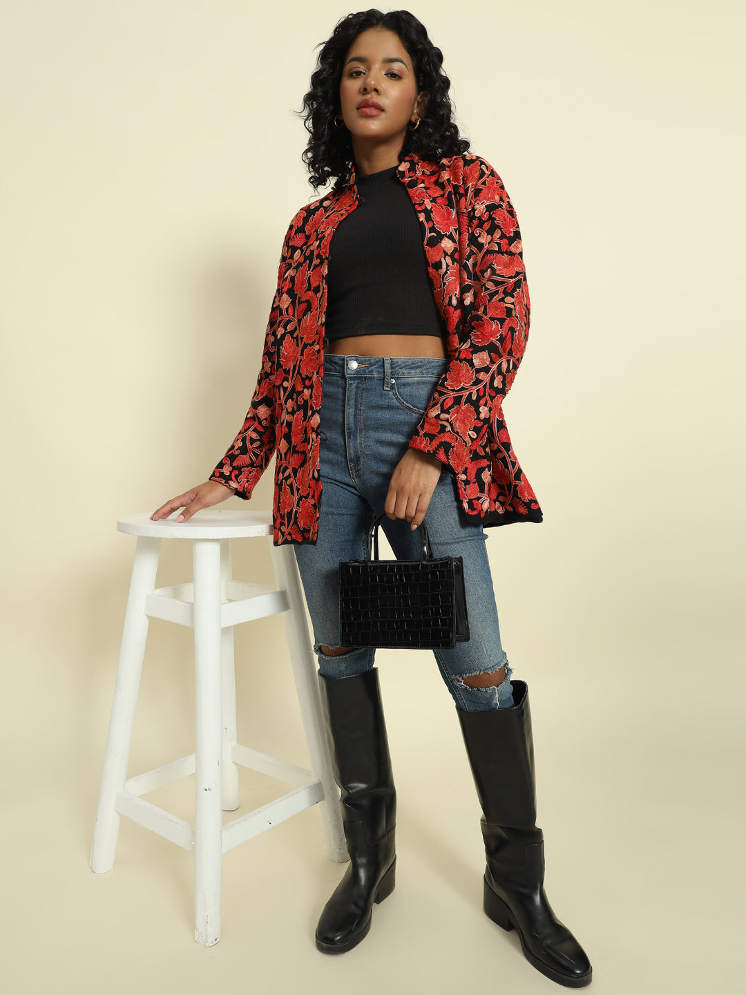 Gulmarg Series: Black Woolen Chinar Mesh Aari Short Coat (Maroon)