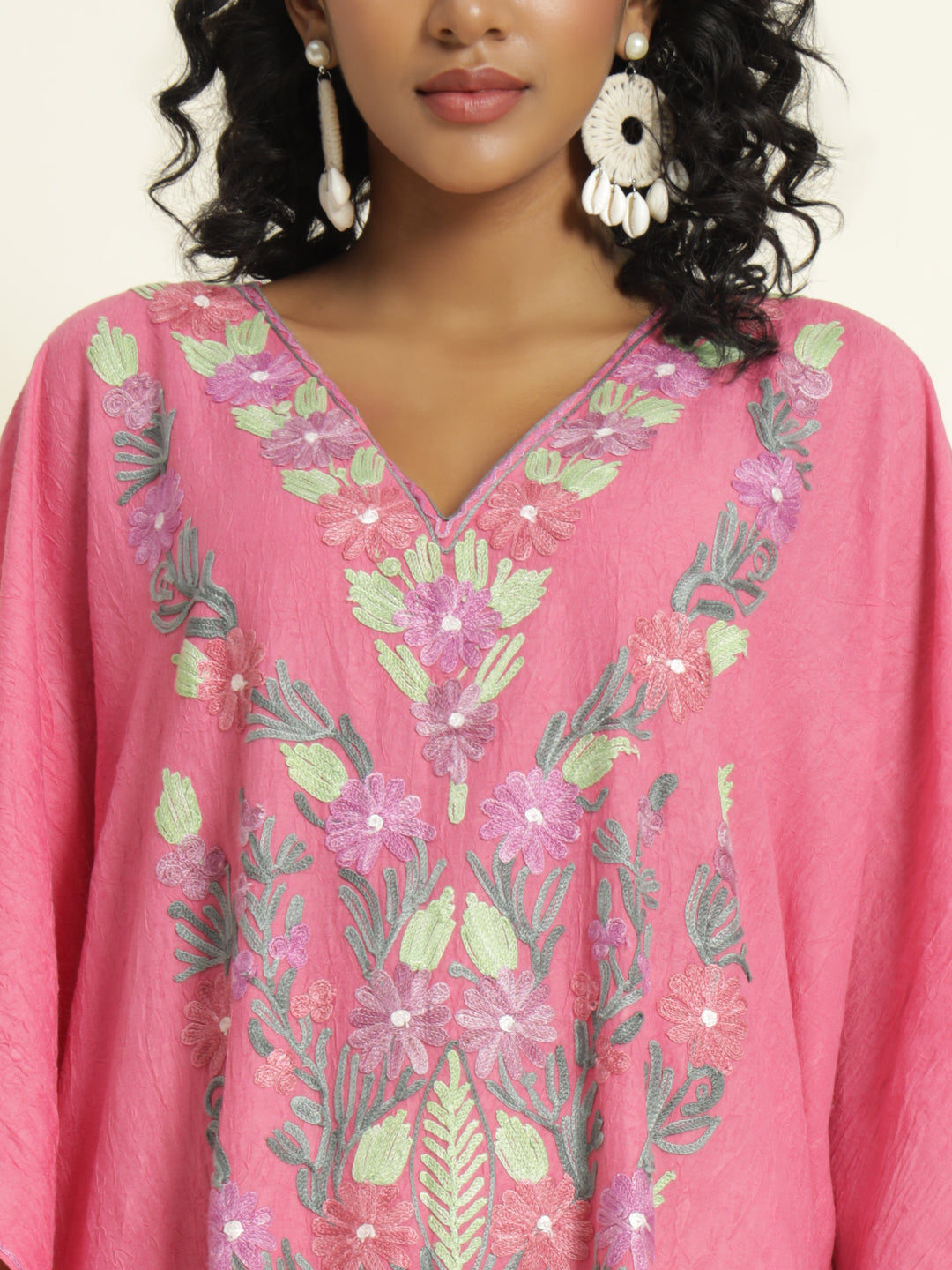 Rose Pink Cotton Kaftan with Lavender and Mint Floral Embroidery – THE DAL SERIES